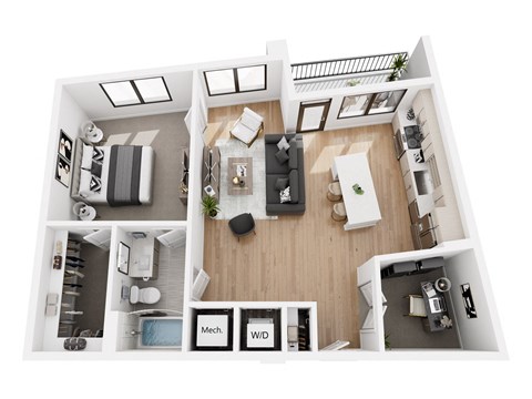 Floor plan for 1 bed, 1 bath, 898 sqft